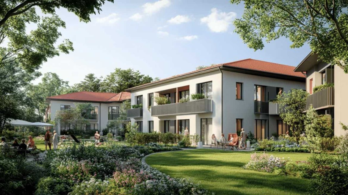 Vue aérienne d'une résidence pour senior à Dijon avec de vastes jardins.