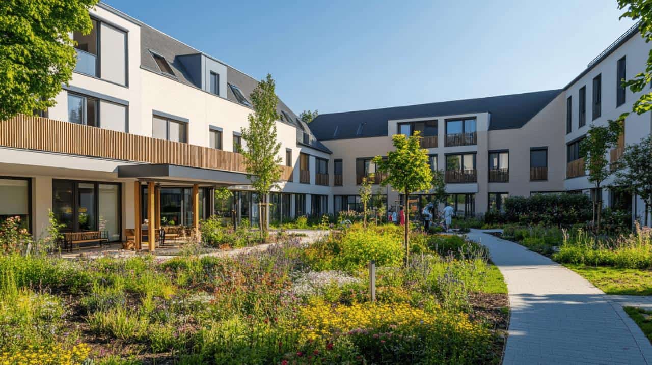 Jardin fleuri et bâtiment moderne d'une résidence pour senior à Dijon.
