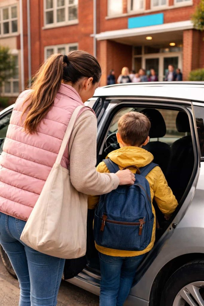 Une maman aide son enfant à monter dans la voiture après l'école, un service typique facilité par les prestataires de Nounouland pour les familles.